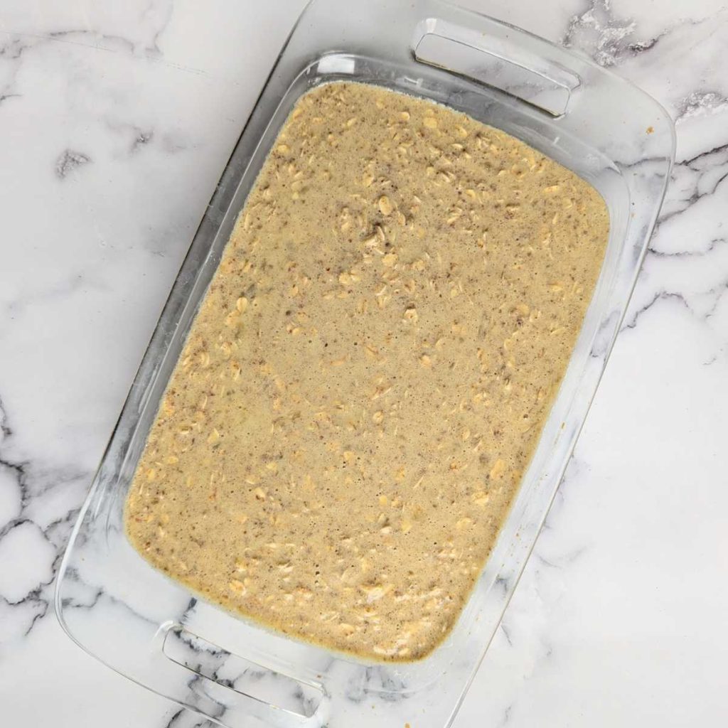 baking dish with baked protein oats uncooked