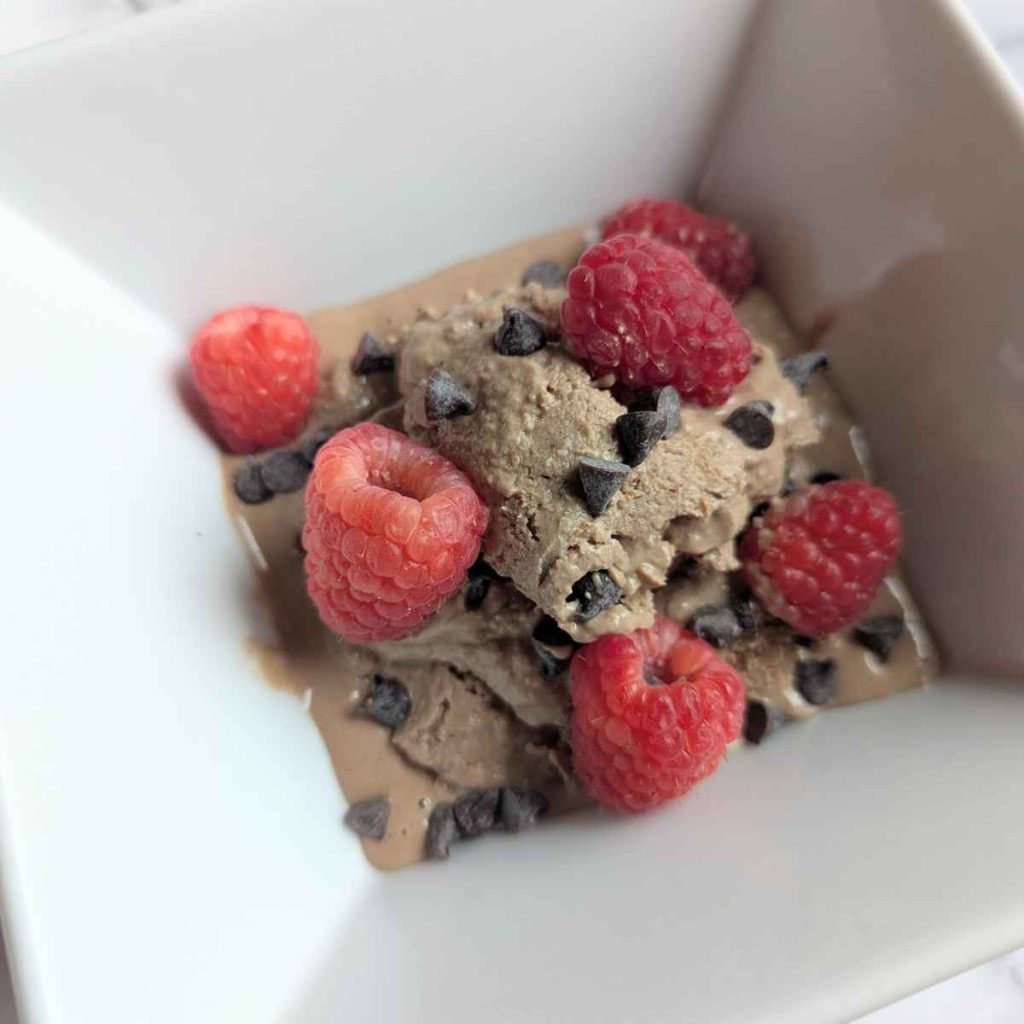 chocolate yogurt ice cream in a white square bowl with raspberries and mini chocolate chips on top