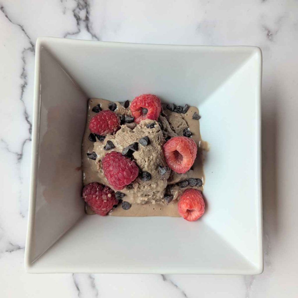 chocolate yogurt ice cream in a white square bowl with raspberries and mini chocolate chips on top