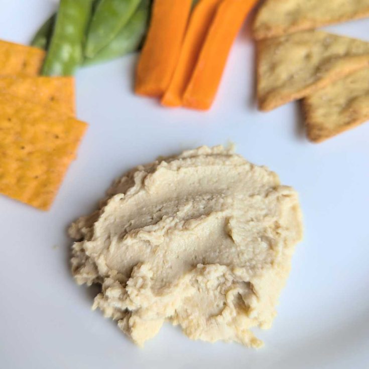 serving of hummus on plate next to veggies and crackers